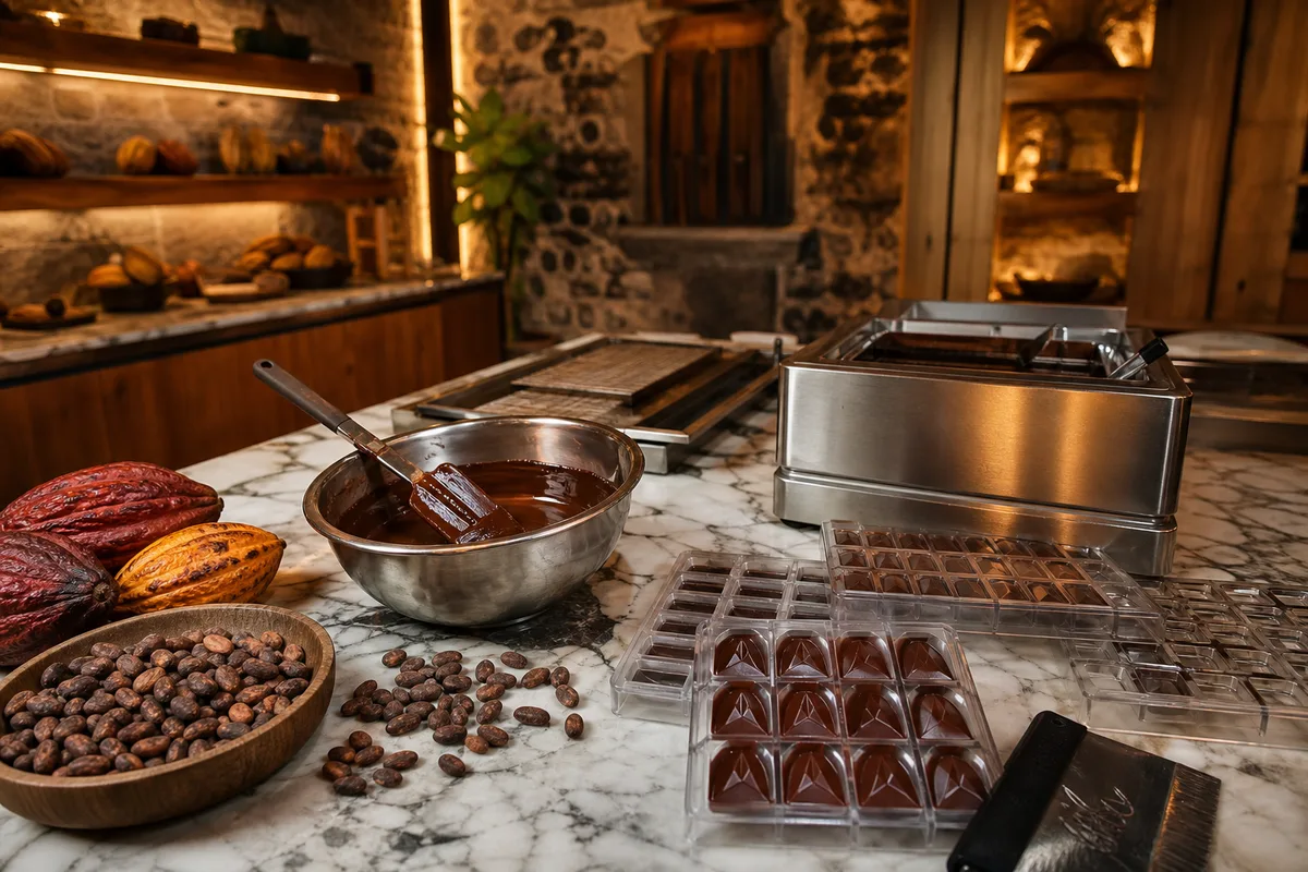 Atelier de fabrication de chocolat artisanal, plan large sur un comptoir en marbre avec matériel de tempérage et moules à chocolat