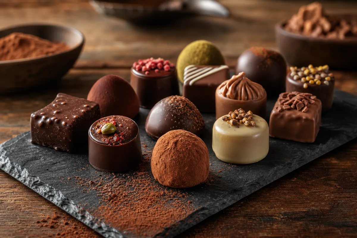Assortiment de pralines et truffes en chocolat artisanal fraîchement démoulées sur une planche en ardoise