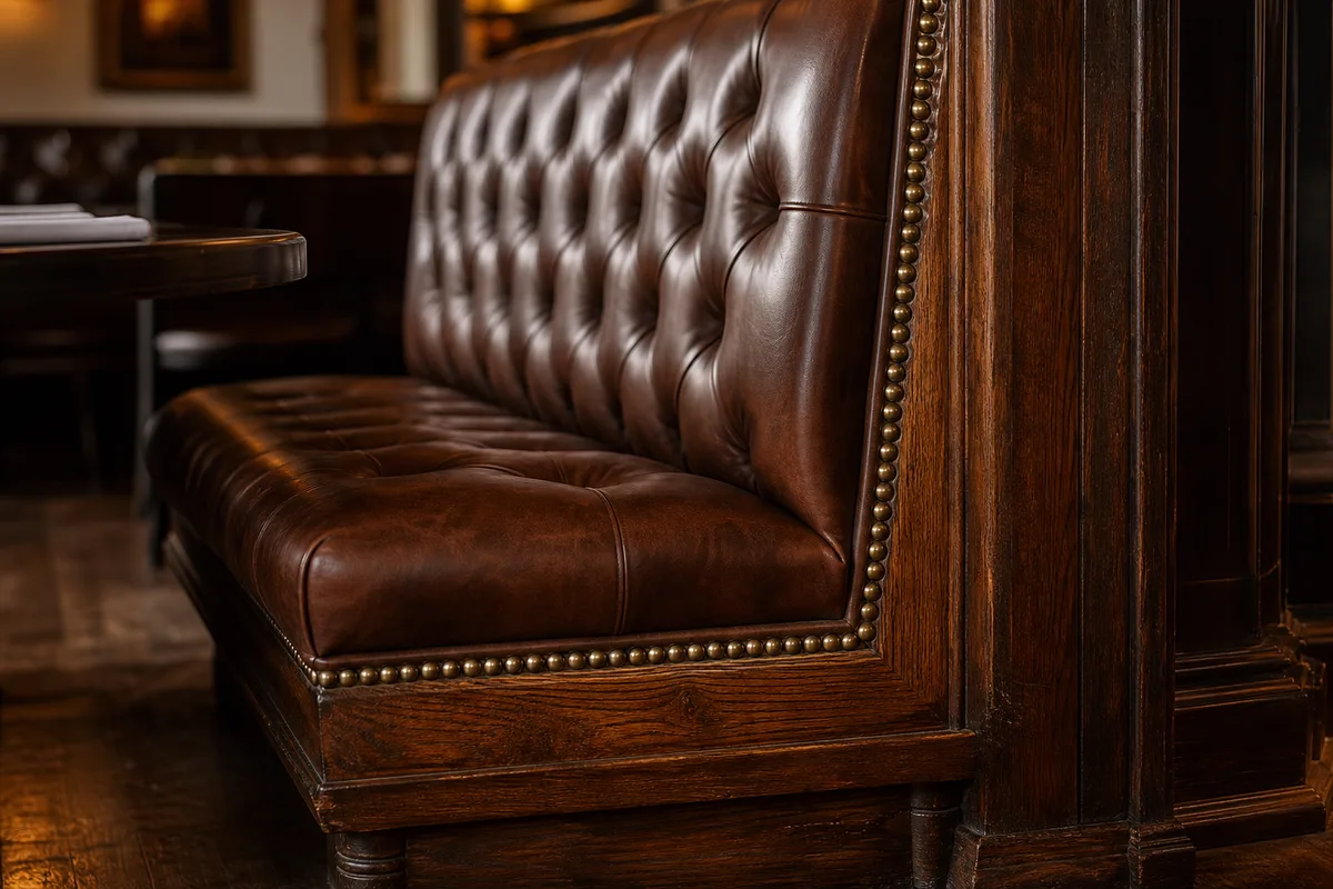 Banquette de restaurant en cuir capitonné avec clous laiton, structure bois apparente