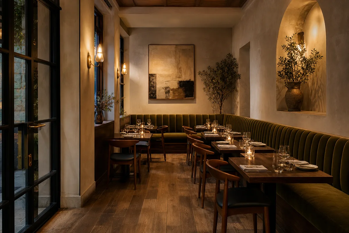 Salle de restaurant avec banquette d’angle et petites tables serrées, éclairage chaleureux
