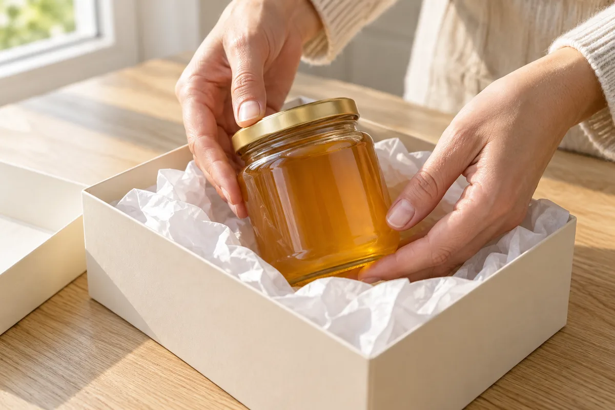 Mains déposant un pot de miel dans une boîte garnie de papier de soie