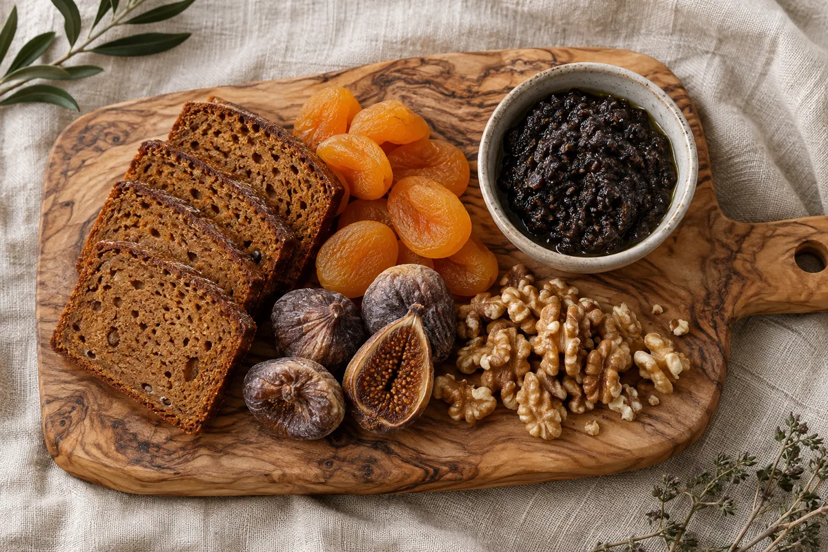 Pain d’épices, fruits secs et tapenade sur une planche en bois vue de dessus