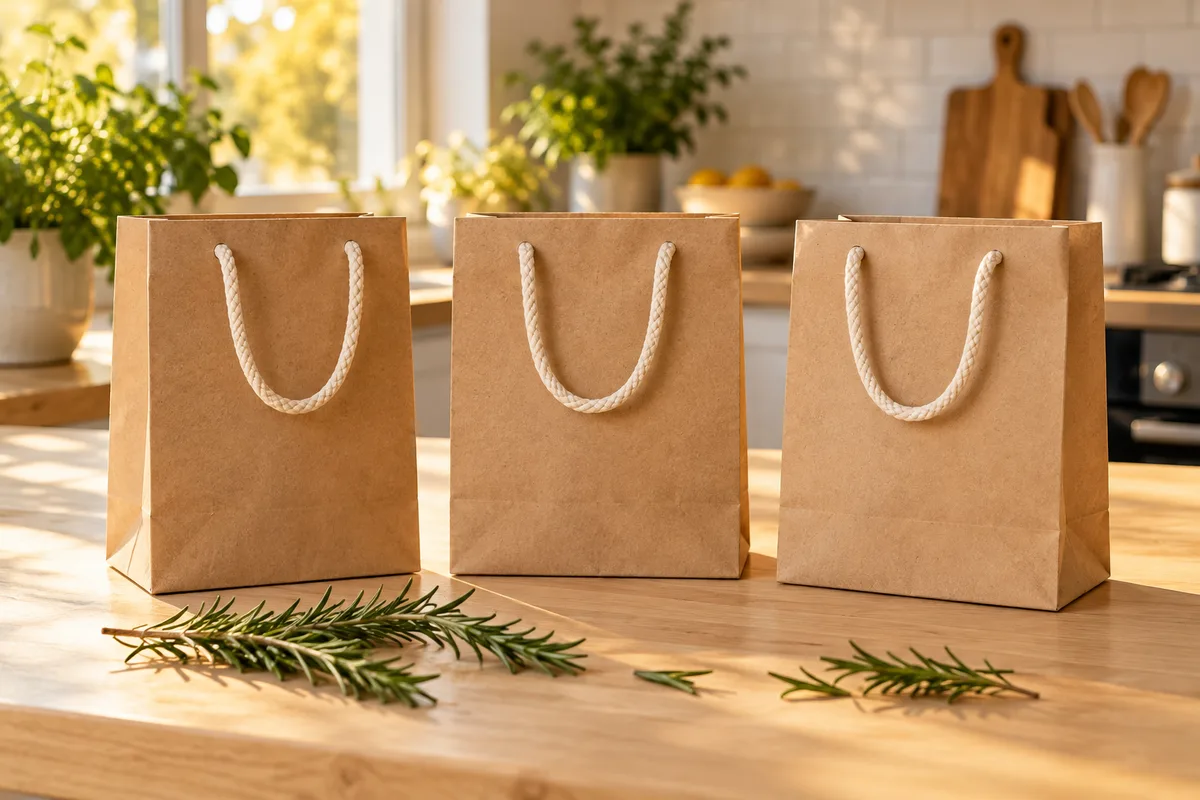 Trois sacs cadeaux en papier kraft alignés sur un comptoir