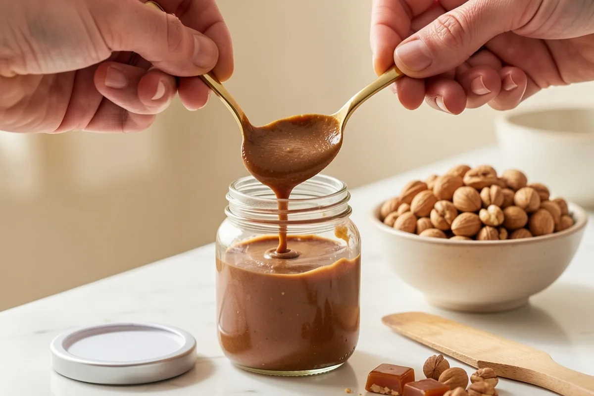 Mains versant du praliné maison à la cuillère dans un petit bocal en verre