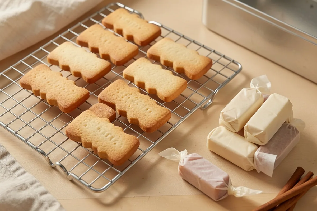Sablés dorés qui refroidissent sur une grille à côté de caramels emballés dans du papier ciré