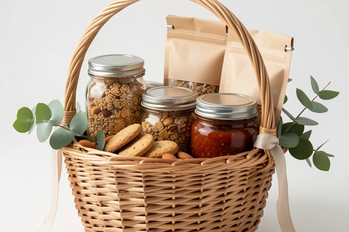 Panier en osier garni de bocaux et de sachets en kraft fermés par un ruban de lin