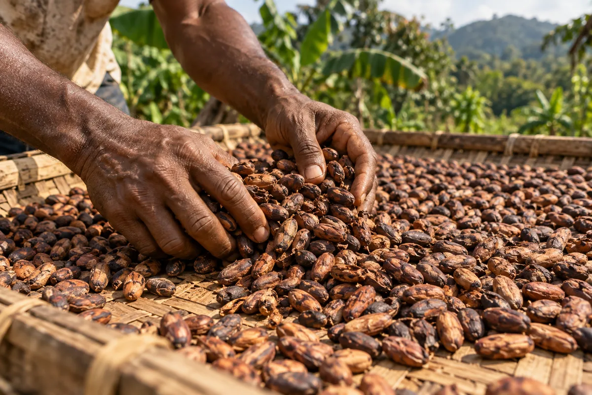 Mains d’un producteur retournant des fèves de cacao en train de sécher sur une claie en bois au soleil