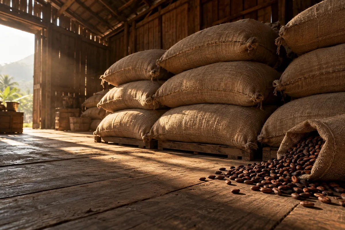Sacs de jute remplis de fèves de cacao empilés dans un entrepôt en bois