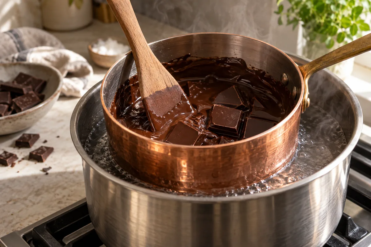 Carré de chocolat fondant dans une casserole en cuivre au bain-marie avec une spatule en bois