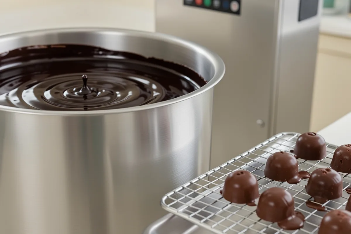 Tempéreuse en inox remplie de chocolat noir en mouvement et bonbons enrobés posés sur une grille