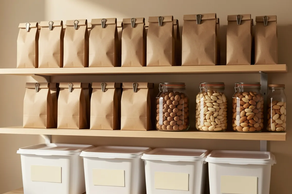 Étagères d’un atelier de chocolaterie avec sacs de couverture en kraft, bocaux de noisettes et d’amandes, bacs couverts aux étiquettes vierges