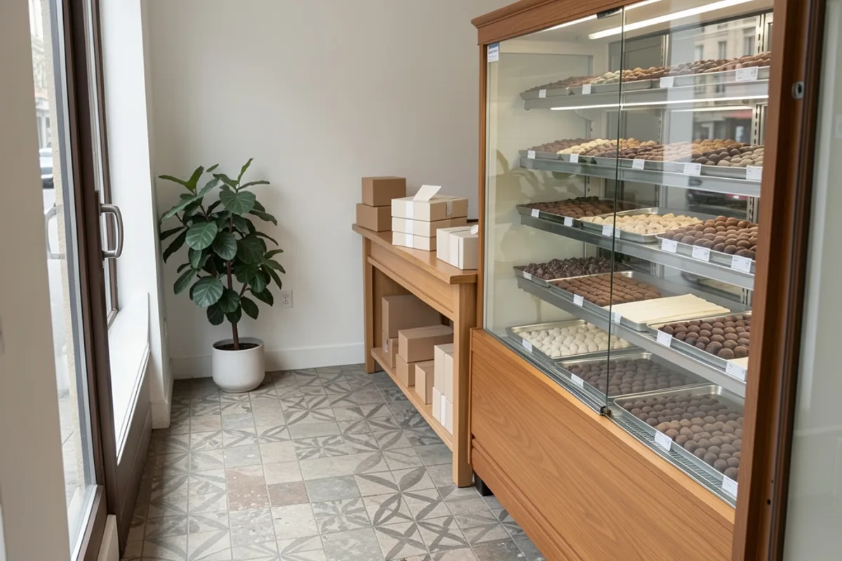 Petite boutique-atelier de chocolaterie vue depuis l’entrée avec vitrine réfrigérée et plateaux de bonbons