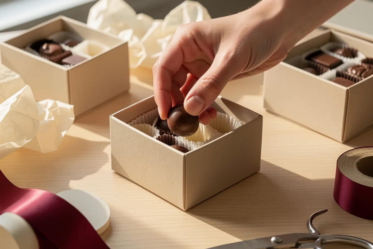 Mains qui disposent des bonbons de chocolat dans les alvéoles d’un coffret avec papier de soie et ruban uni