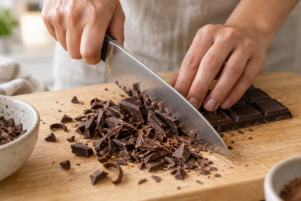 Mains qui hachent finement une tablette de chocolat noir sur une planche en bois avant la fonte