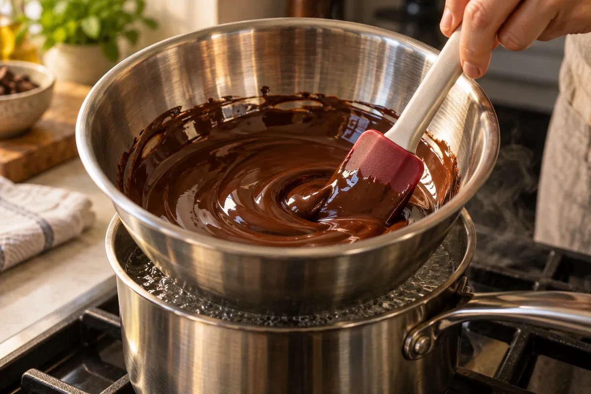 Bol en inox de chocolat fondu au bain-marie, remué avec une maryse en silicone
