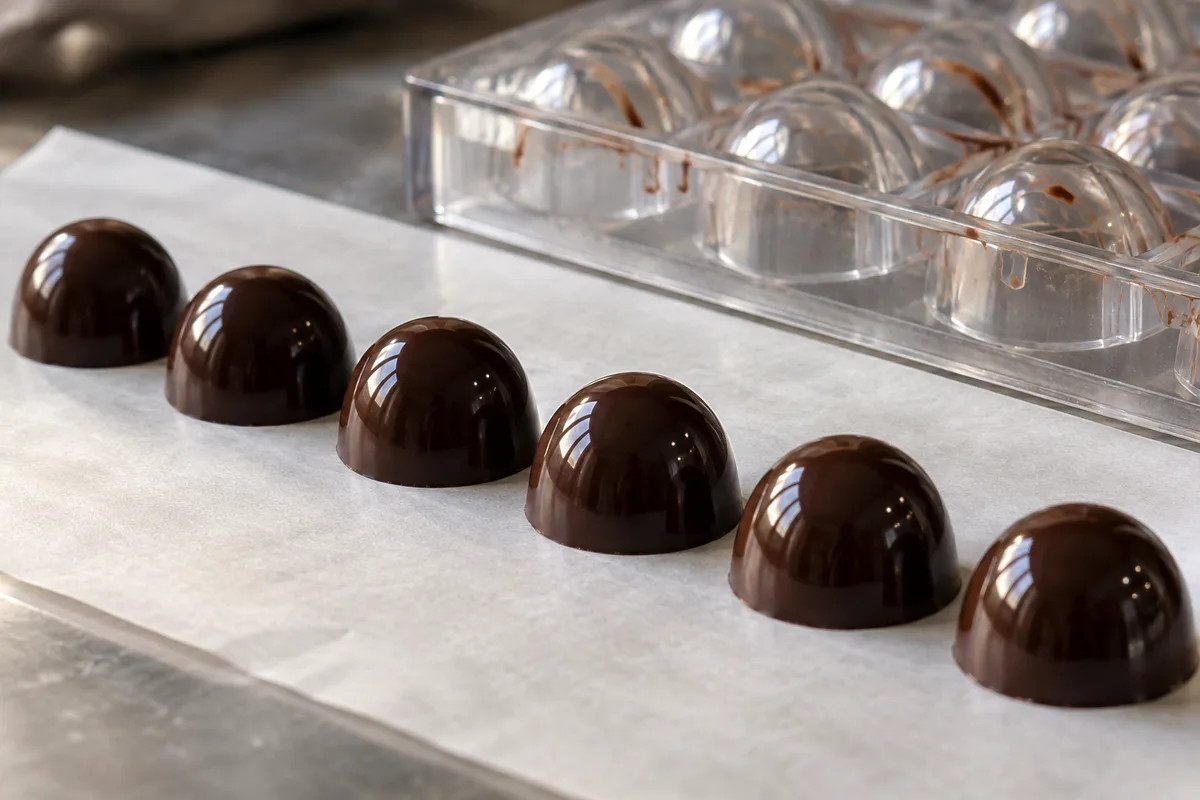 Bonbons de chocolat brillants fraîchement démoulés sur une feuille de papier cuisson