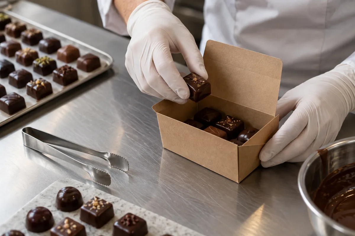 Mains gantées d’un artisan disposant des bonbons de chocolat dans un ballotin en carton